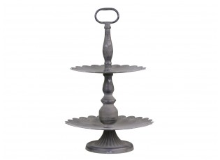 Šedý antik kovový 2-patrový etažér Lace edge - Ø 27*42 cm