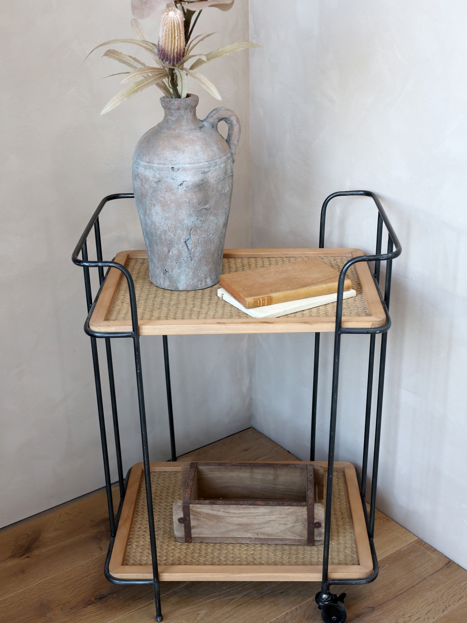 Kovový vozík na kolečkách s dřevěnými deskami Cannie - 55*41*76cm Chic Antique Kovový vozík na kolečkách s dřevěnými deskami Cannie - 55*41*76cm Chic Antique