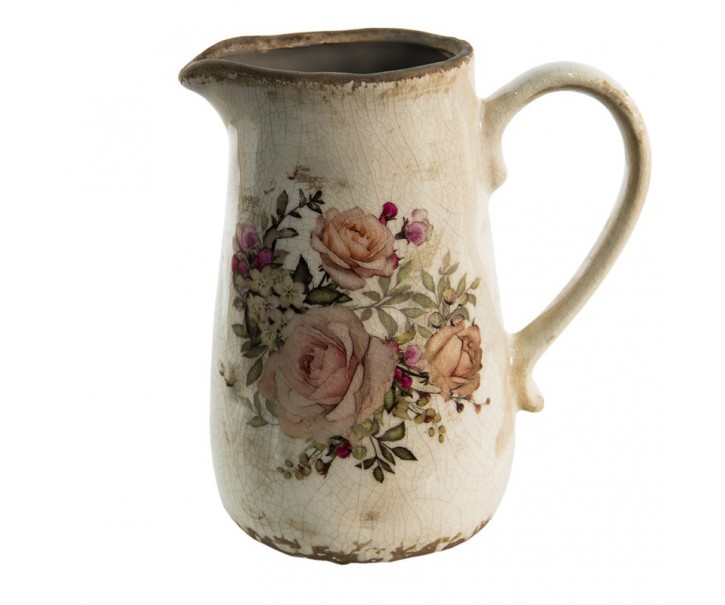 Béžový keramický dekorační džbán s růžemi Rosien - 16*11*18 cm Clayre & Eef