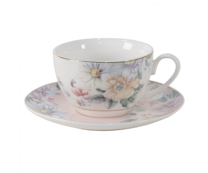 Porcelánový šálek s podšálkem s květinami Flowers - Ø 10*6 / Ø 15*2 cm / 250 ml Clayre & Eef