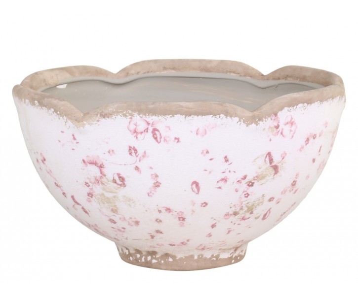 Keramický obal na květináč s růžovými kvítky Floral Cannes - Ø20*11.5cm Chic Antique
