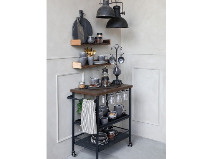 Černý antik kovový vozík na kolečkách s dřevěnou deskou Servier - 73*44*83cm Chic Antique Černý antik kovový vozík na kolečkách s dřevěnou deskou Servier - 73*44*83cm Chic Antique