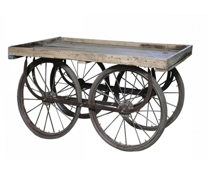 Retro kovový vozík na velikých kolech s dřevěnou deskou Old Cart - 144*70*79cm Chic Antique