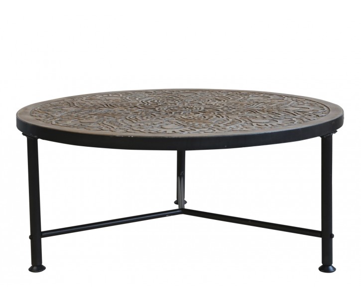 Kovový konferenční stůl s dřevěnou deskou s ornamenty - Ø 80*36cm