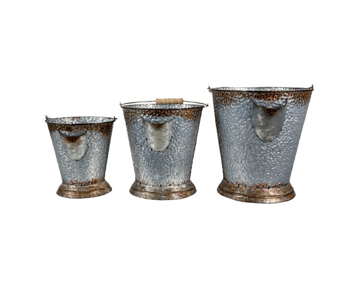 3ks šedé plechové dekorační vědro - Ø 26*28 / Ø 22*24 / Ø 18*20 cm Clayre & Eef