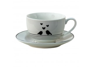 Porcelánový šálek s podšálkem s ptáčky Love Birds - 12*9*7 / Ø14*2 cm / 220 ml