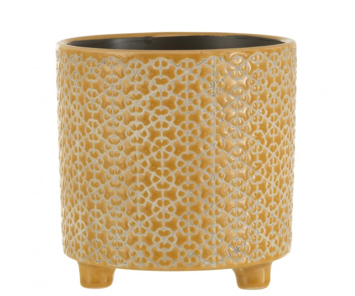 Okrový keramický obal na květináč na nožičkách Flower ochre - Ø16*16cm J-Line by Jolipa
