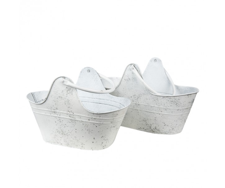 2ks bílý antik plechový květináč s uchy - 40*21*25 / 35*18*23 cm Clayre & Eef