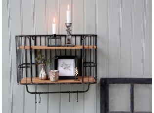 Černá antik nástěnná kovová polička s dřevěnými poličkami a háčky Old shelf- 52*20*45cm