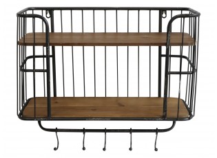 Černá antik nástěnná kovová polička s dřevěnými poličkami a háčky Old shelf- 52*20*45cm