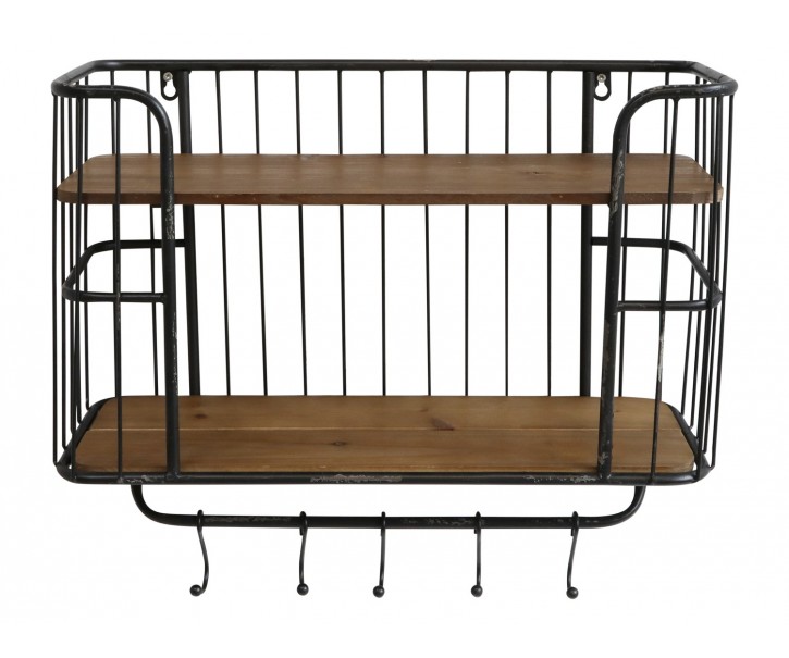 Černá antik nástěnná kovová polička s dřevěnými poličkami a háčky Hokie - 52*20*45cm Chic Antique