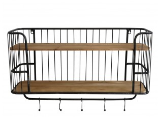 Černá antik nástěnná kovová polička s dřevěnými poličkami a háčky Hokie - 72*20*45cm