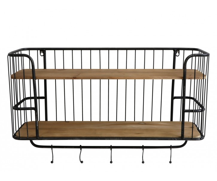 Černá antik nástěnná kovová polička s dřevěnými poličkami a háčky Hokie - 72*20*45cm Chic Antique