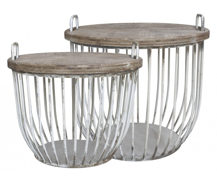 2ks krémový antik kovový coffee stolek s dřevěnou deskou Charlotte - Ø57*48 cm Chic Antique