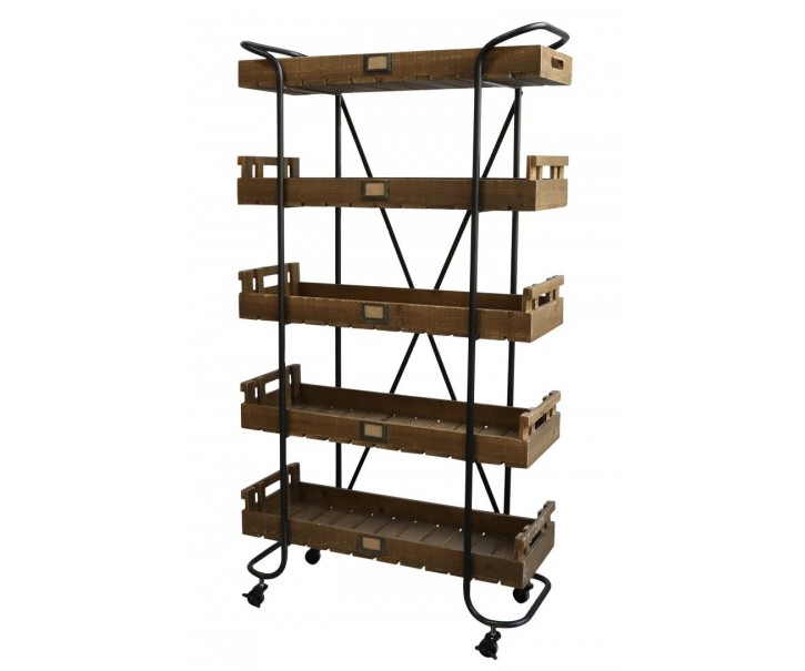 Černý kovový regál na kolečkách s dřevěnými podnosy Cart - 83*34*156cm Chic Antique