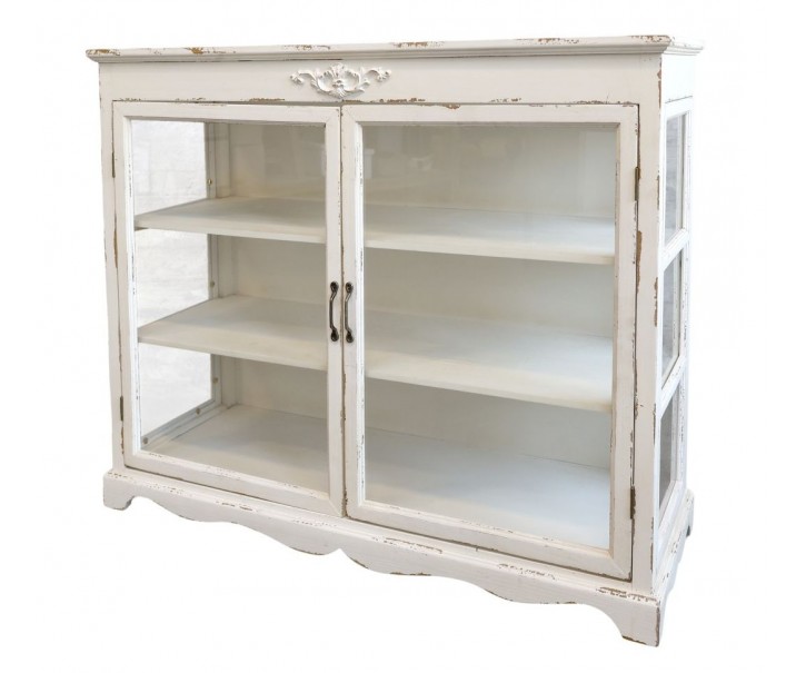 Krémová dřevěná komoda s prosklenými dvířky Old Carin - 106*39*87cm Chic Antique