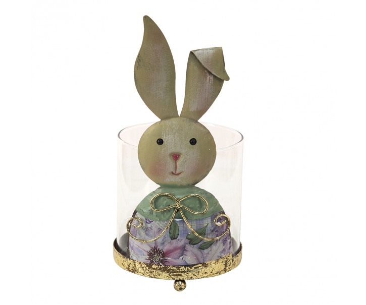 Skleněný svícen na čajovku s králíčí slečnou - 11*10*22 cm Clayre & Eef
