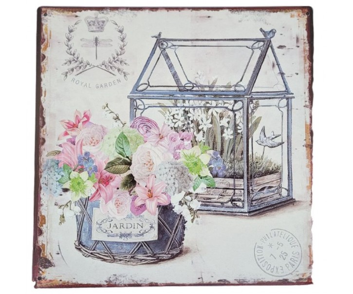 Nástěnná kovová cedule se skleníčkem a květy Jardin - 30*30 cm Ostatn&iacute;