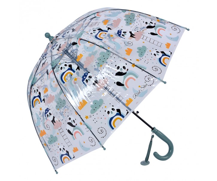 Průhledný deštník pro děti s modrým držadlem a pandami - Ø 50 cm Clayre & Eef