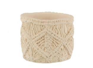 Béžový cementový květináč s drhaným vzorem Ibiza Macramé - Ø11*10 cm