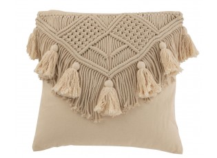 Béžový polštář s drhaným vzorem a střapci Macramé Cosy - 45*17*45 cm