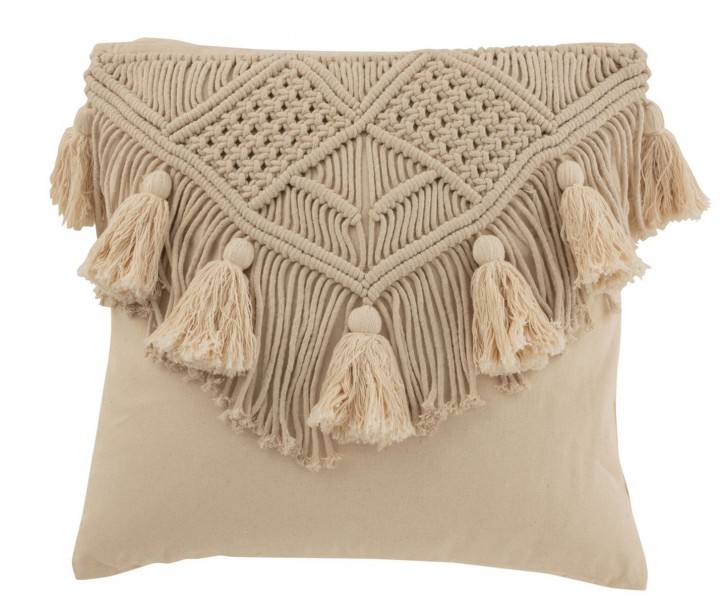 Béžový polštář s drhaným vzorem a střapci Macrame cosy - 45*17*45 cm J-Line by Jolipa