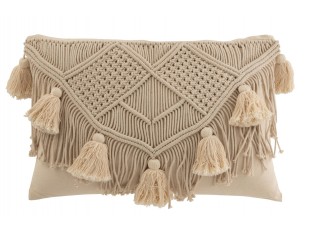 Béžový polštář s drhaným vzorem a střapci Macramé Cosy - 47*16*36 cm