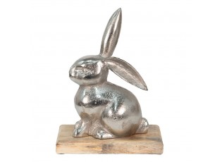 Dekorace stříbrný kovový králík na dřevěném podstavci - 21*11*28 cm