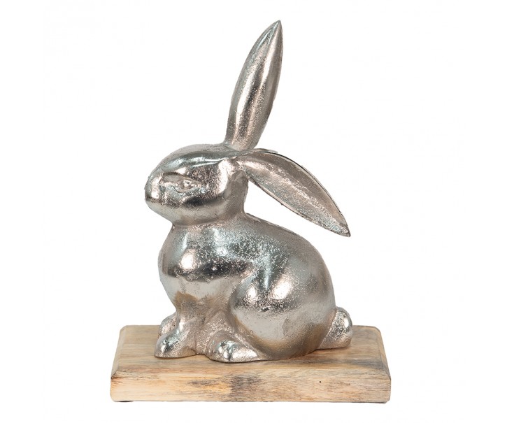 Dekorace stříbrný kovový králík na dřevěném podstavci - 21*11*28 cm Clayre & Eef