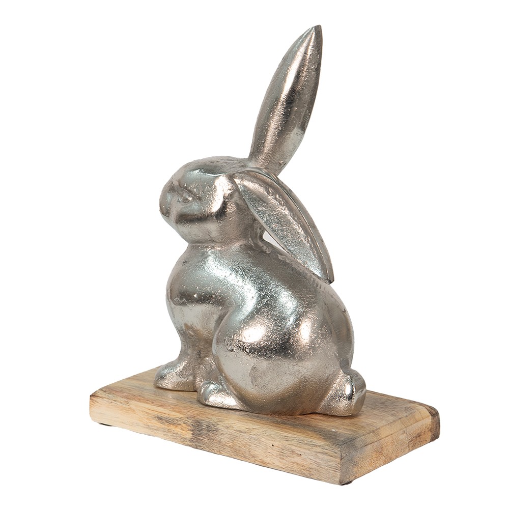 Dekorace stříbrný kovový králík na dřevěném podstavci - 21*11*28 cm Clayre & Eef Dekorace stříbrný kovový králík na dřevěném podstavci - 21*11*28 cm Clayre & Eef