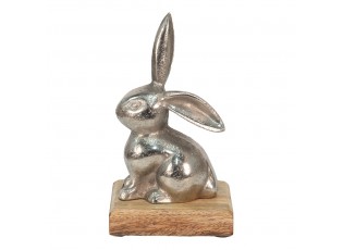 Dekorace stříbrný kovový králík na dřevěném podstavci - 11*10*20 cm