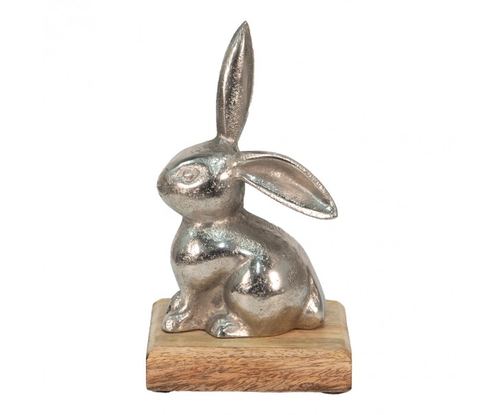 Dekorace stříbrný kovový králík na dřevěném podstavci - 11*10*20 cm Clayre & Eef