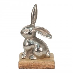 Dekorace stříbrný kovový králík na dřevěném podstavci - 11*10*20 cm