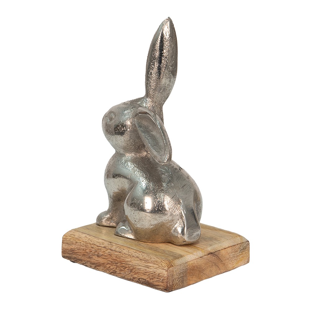 Dekorace stříbrný kovový králík na dřevěném podstavci - 11*10*20 cm Clayre & Eef Dekorace stříbrný kovový králík na dřevěném podstavci - 11*10*20 cm Clayre & Eef