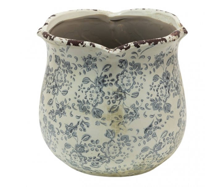 Retro béžový květináč se šedými květy Alana L - Ø 18*17 cm Clayre & Eef
