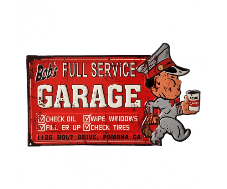 Červená kovová nástěnná cedule Bob´s Garage - 50*1*30 cm Clayre & Eef