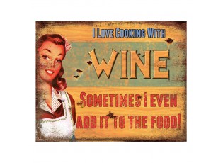 Žlutá kovová nástěnná cedule Cooking with Wine - 25*1*20 cm
