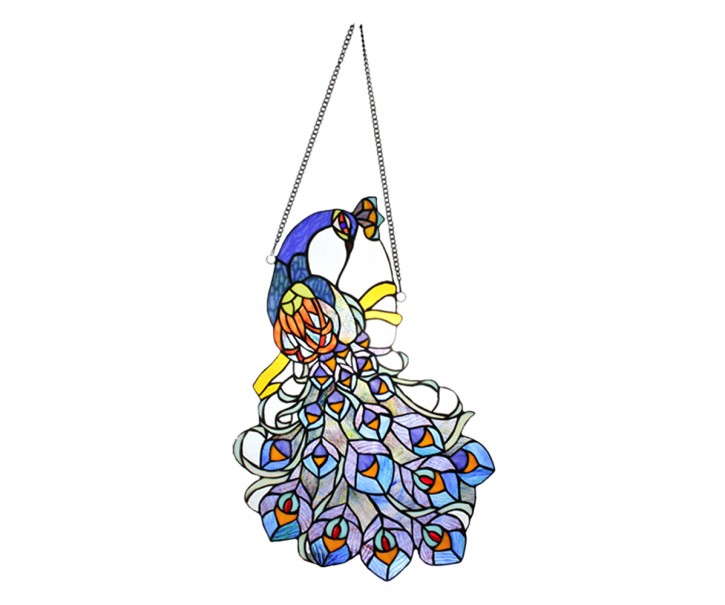 Závěsný Tiffany panel páv Peacock Blue - 35*70 cm Clayre & Eef