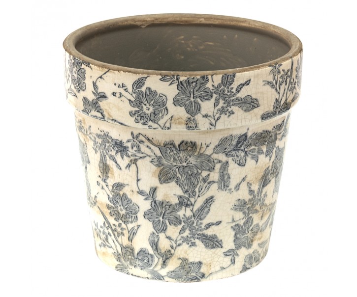 Keramický obal na květináč se šedými květy Mell French - Ø 16*15 cm Clayre & Eef