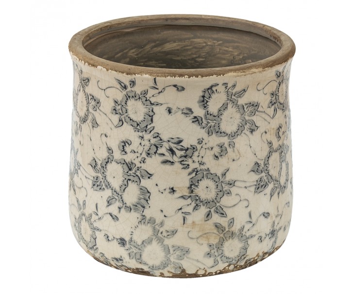 Keramický obal na květináč se šedými květy Filon French L - Ø 17*16 cm Clayre & Eef