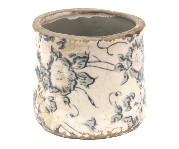 Keramický obal na květináč se šedými květy Filon French XS - Ø 8*7 cm Clayre & Eef