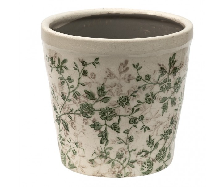 Keramický obal na květináč se zelenými květy Ganni green M - Ø14*13 cm Clayre & Eef