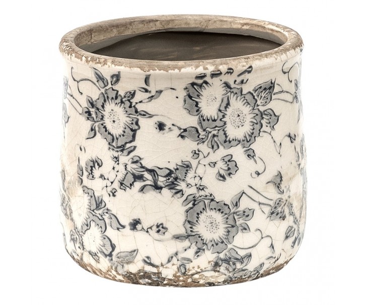 Keramický obal na květináč se šedými květy Filon French S - Ø 12*12 cm Clayre & Eef