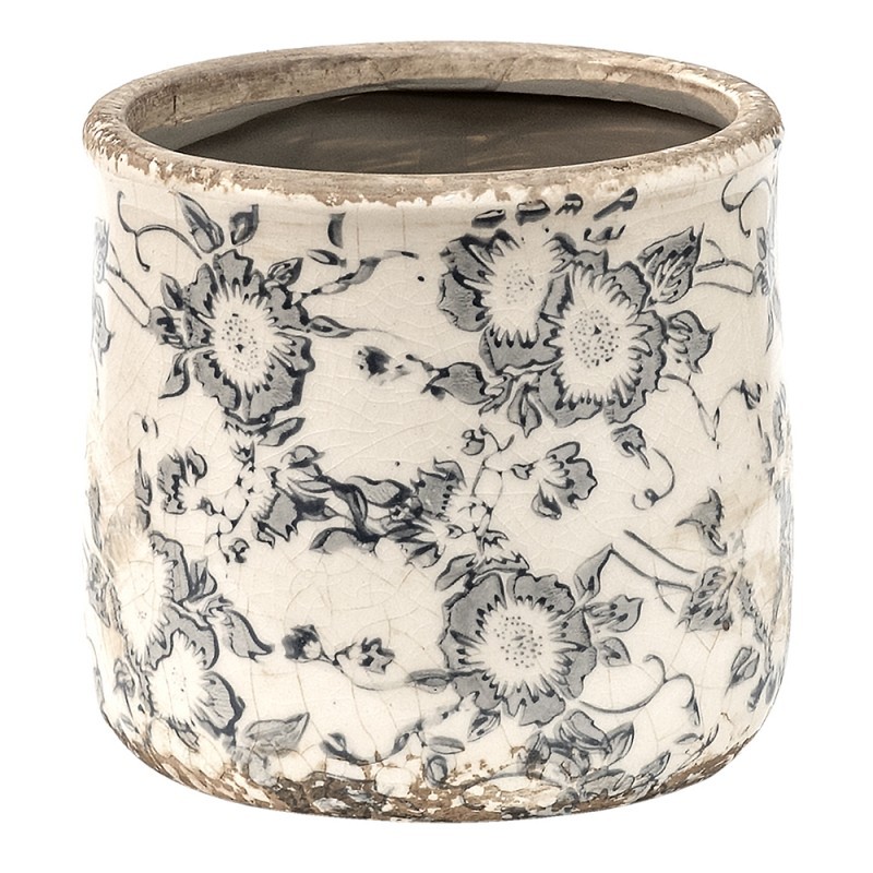 Keramický obal na květináč se šedými květy Filon French S - Ø 12*12 cm Clayre & Eef Keramický obal na květináč se šedými květy Filon French S - Ø 12*12 cm Clayre & Eef