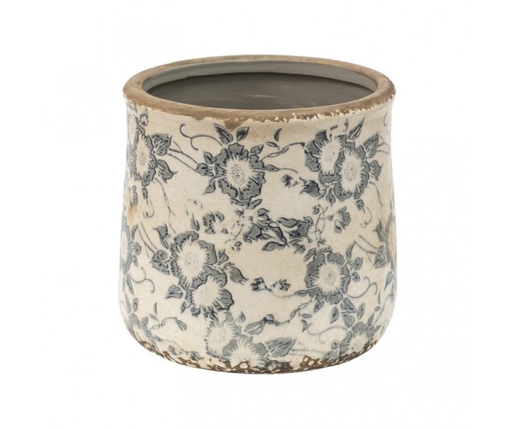 Keramický obal na květináč se šedými květy Filon French M - Ø 14*14 cm Clayre & Eef