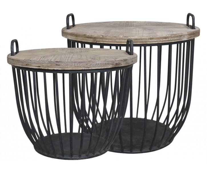 2ks černý antik kovový coffee stolek s dřevěnou deskou Charlotte - Ø57*48 cm Chic Antique