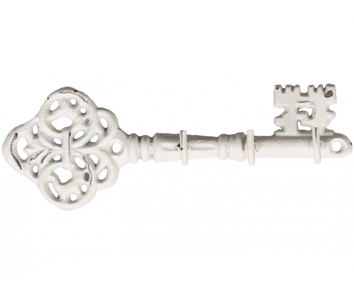 Krémový antik nástěnný věšák ve tvaru klíče se 3-mi háčky - 19*4*6,5 cm Chic Antique