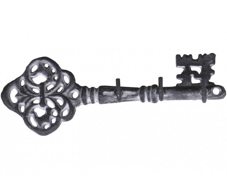 Šedý antik nástěnný věšák ve tvaru klíče se 3-mi háčky - 19*4*6,5 cm Chic Antique