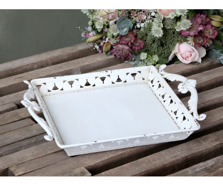 Krémový dekorační kovový podnos s uchy Hallia - 22*29*5cm Chic Antique