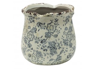 Retro béžový květináč se šedými květy Alana M - Ø 15*14 cm